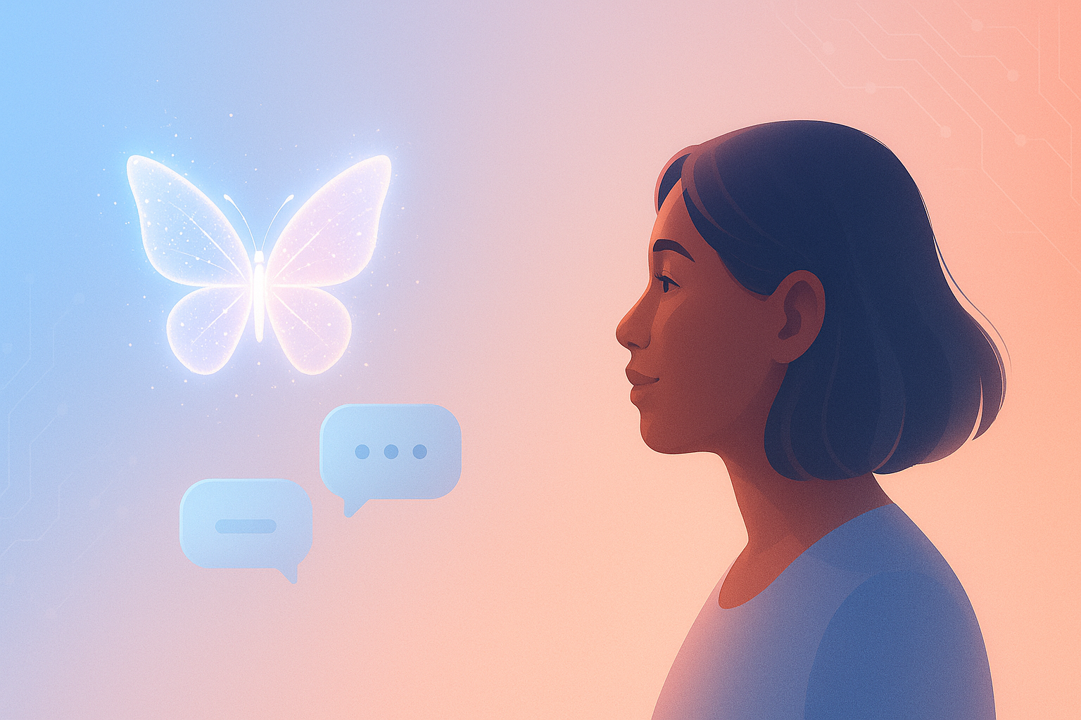 Clara: Mulher observando borboleta digital e balões de chat, simbolizando apoio emocional com IA.